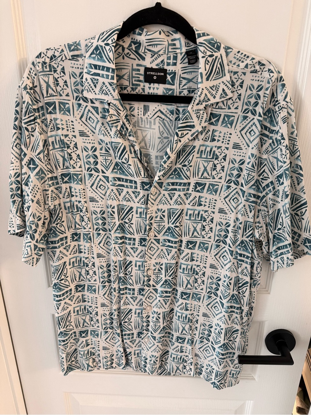 Strellson Teal and Off-White Geometric Short-Sleeve Button-Down Shirt